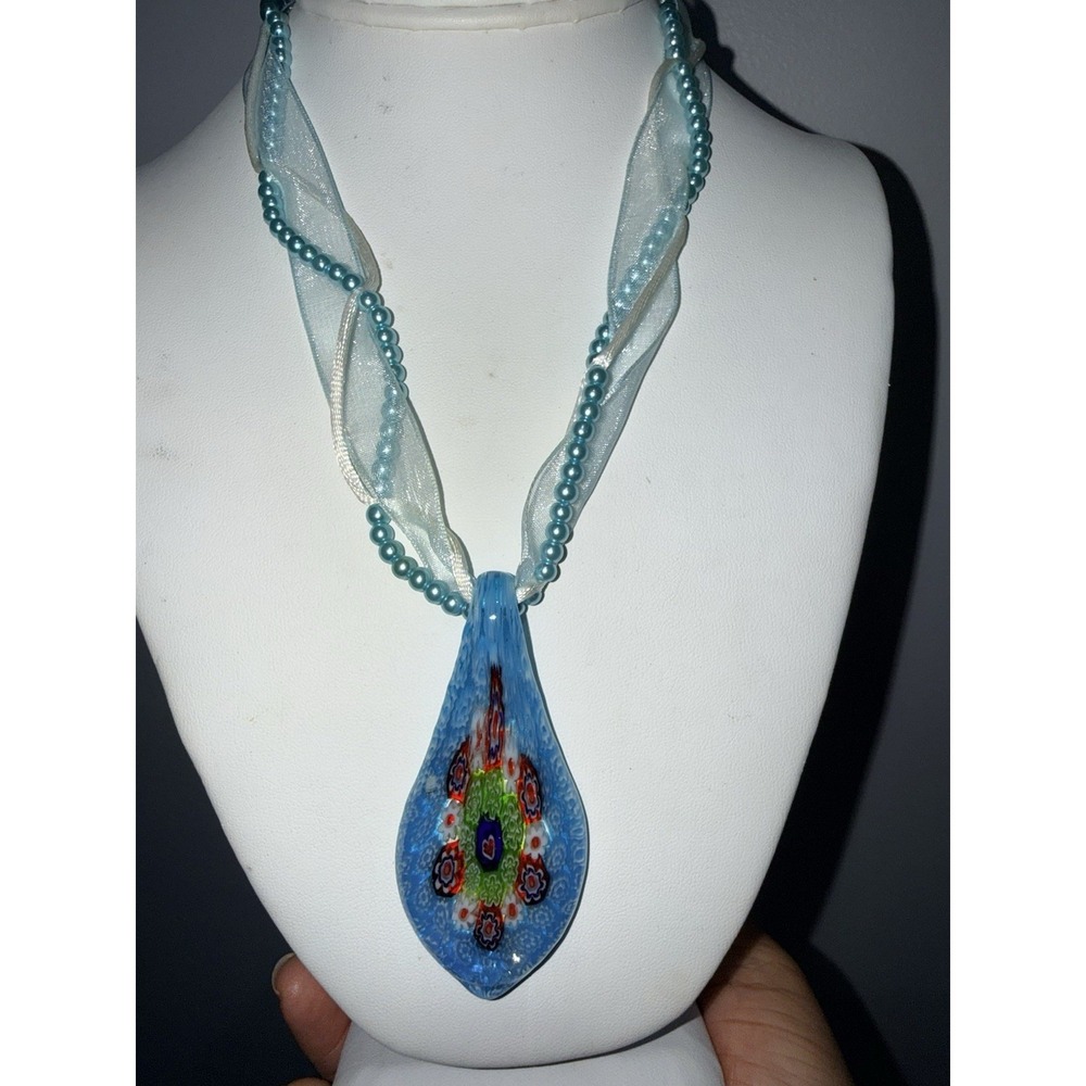 Murano Art Glass Pendant Necklace Millefiori Style Green Blue Silver Plated